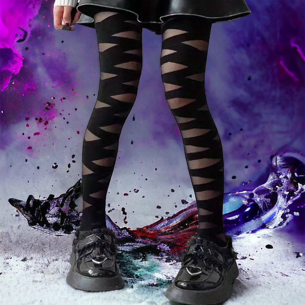 Black Thin Strappy Pattern Pantyhose Comfy Smooth Slim Footed Pantyhose One Size - Picture 4 of 9